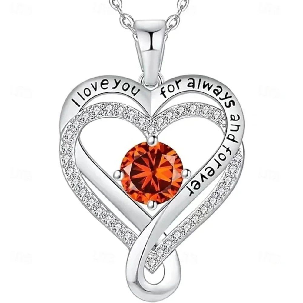 .925 Sterling Silver Heart Pendant Necklace with Orange Gemstone
